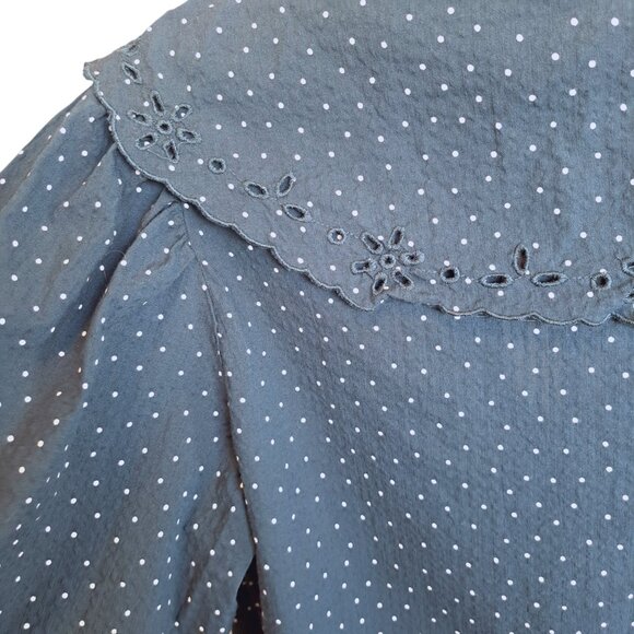 a new day Forest Green Polka Dot Blouse Oversized Lace Trim Collar Outs Size Med - Picture 7 of 8